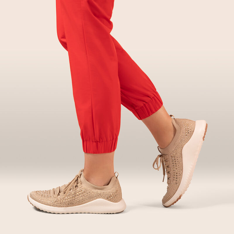 tan sparkle stretchy knit sneaker on foot